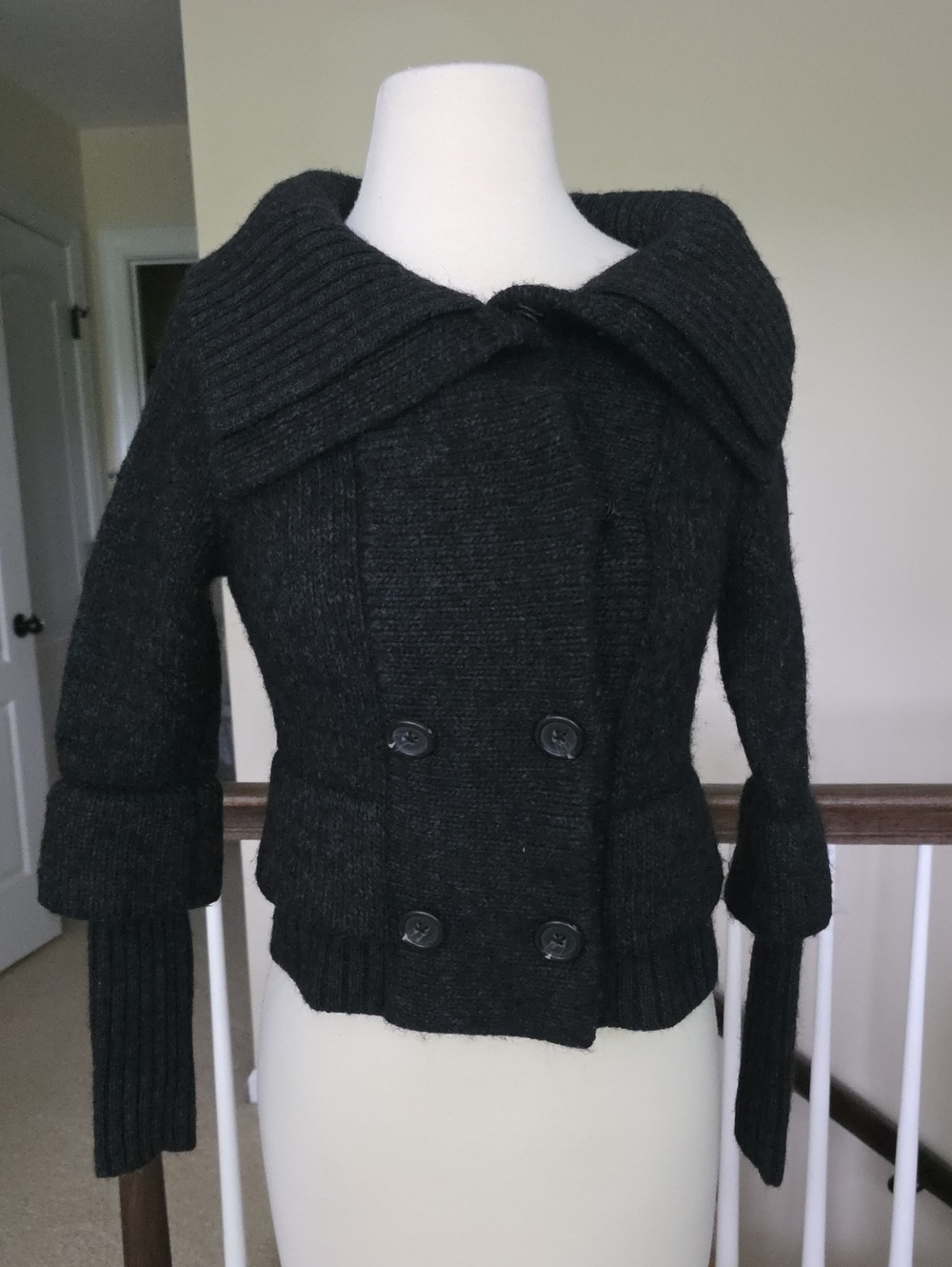 LOFT Charcoal Double-Breasted Knit Sweater Jacket, Darket Gray.